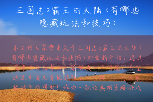 三国志2霸王的大陆(有哪些隐藏玩法和技巧)